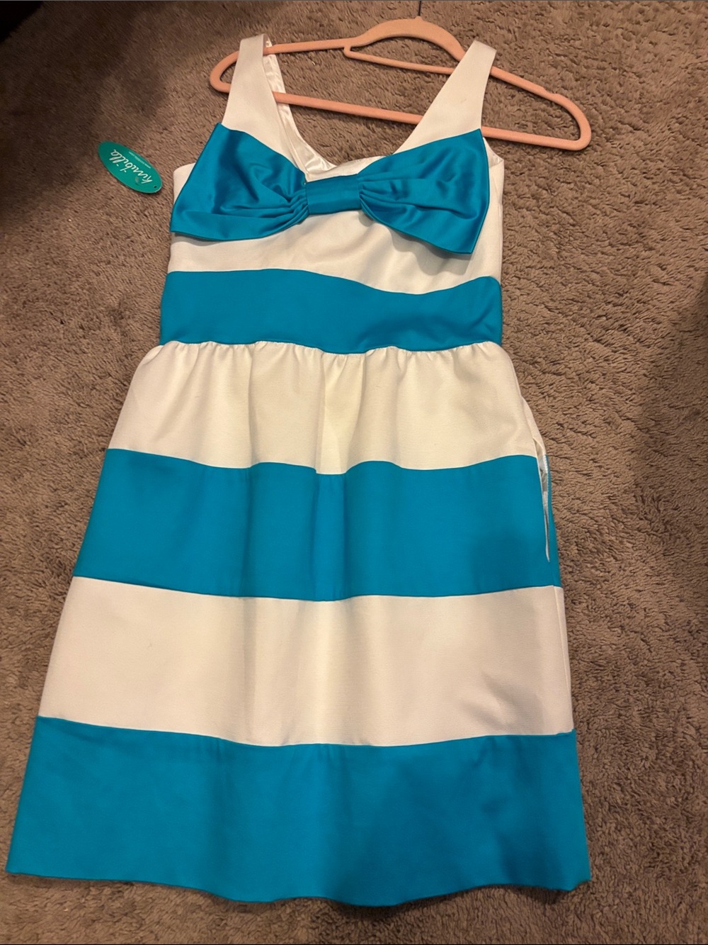Striped Bow-Front Sleeveless Prom Dress in White and Teal